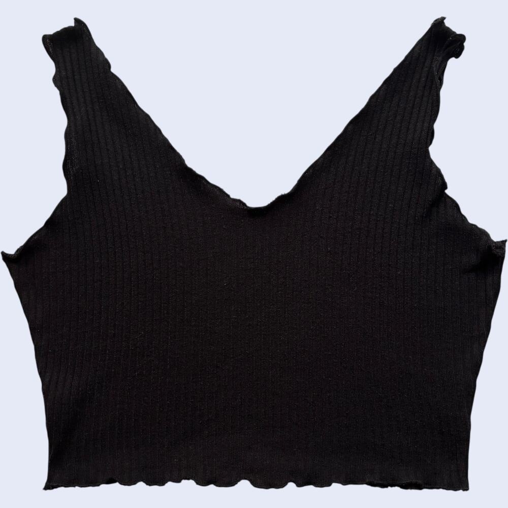 Unbranded Ribbed Lettuce-Hem Crop Tank Top Black V-Neck XL